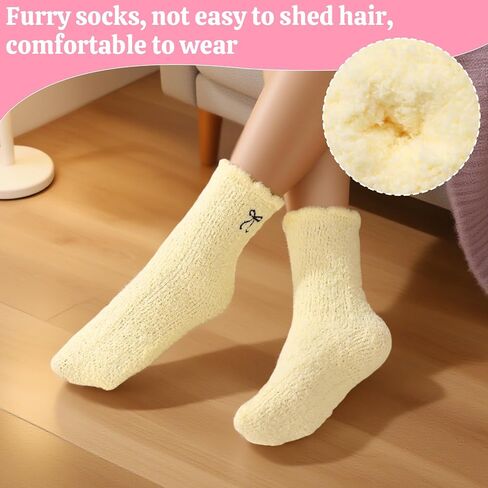 Jspupifip 5 Pairs Women Bow Fuzzy Socks Cozy Fluffy Winter Warm Slipper Socks Thermal Plush Home Sleeping Socks US Size 5-7 in Saudi Arabia
