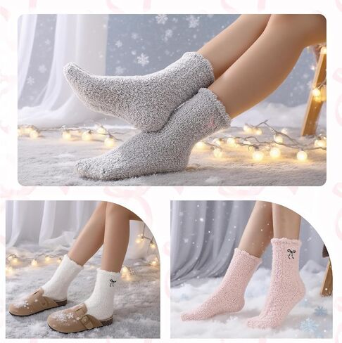 Jspupifip 5 Pairs Women Bow Fuzzy Socks Cozy Fluffy Winter Warm Slipper Socks Thermal Plush Home Sleeping Socks US Size 5-7 in Saudi Arabia