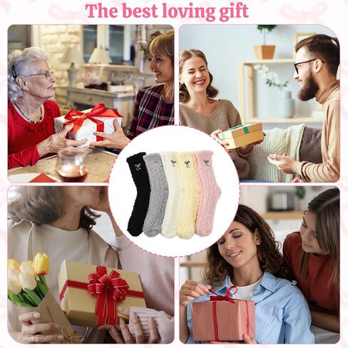 Jspupifip 5 Pairs Women Bow Fuzzy Socks Cozy Fluffy Winter Warm Slipper Socks Thermal Plush Home Sleeping Socks US Size 5-7 in Saudi Arabia