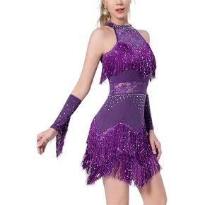 Women Rhinestone Lace Latin Dancewear Dress Armband Shorts Ballroom Fringe Skirt Samba Party Stage Clothes Outfit for Dance and Performance(Purple,L) in Saudi Arabia