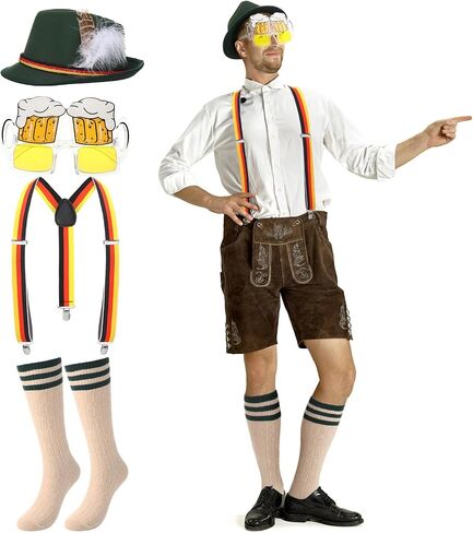 4 Pcs Oktoberfest Costume Set Dark Green German Bavarian Hat with Feather Suspenders Lederhosen Socks Beer Shaped Goggles Outfit for October Festival Costume Men Women Carnival Parties Dress in Saudi Arabia