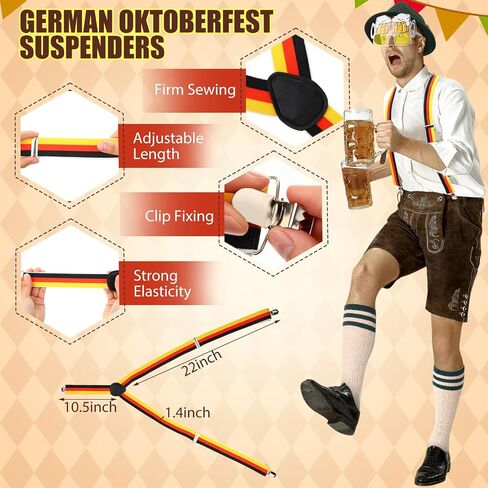 4 Pcs Oktoberfest Costume Set Dark Green German Bavarian Hat with Feather Suspenders Lederhosen Socks Beer Shaped Goggles Outfit for October Festival Costume Men Women Carnival Parties Dress in Saudi Arabia