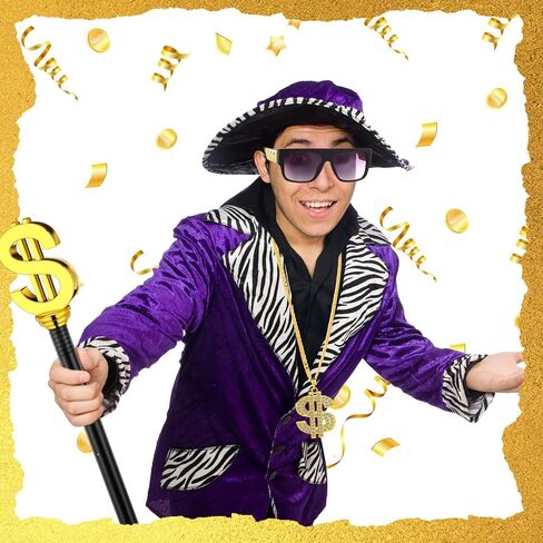 4 PCS PIMP COSTUME COSTORIES تشمل الدولار الصولجان هالوين لباس الحفلات PIMP CANE قلادة قلادة رجع in Saudi Arabia