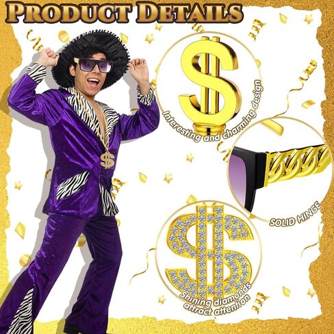 4 PCS PIMP COSTUME COSTORIES تشمل الدولار الصولجان هالوين لباس الحفلات PIMP CANE قلادة قلادة رجع in Saudi Arabia