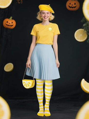 Soulchen 5 Pcs Lemon Halloween Costume Yellow Beret Hat Lemon Striped Thigh High Socks Dangle Earrings Cute Hair Clips Crossbody Bag for Girls and Women Halloween Cosplay Party Supplies in Kuwait