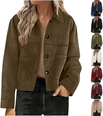 Suede Jackets For Women 2025 Casual Button Down Cropped Jacket Fall Long Sleeve Outerwear Coats Work Office Clothes in Saudi Arabia