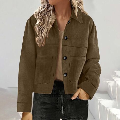 Suede Jackets For Women 2025 Casual Button Down Cropped Jacket Fall Long Sleeve Outerwear Coats Work Office Clothes in Saudi Arabia