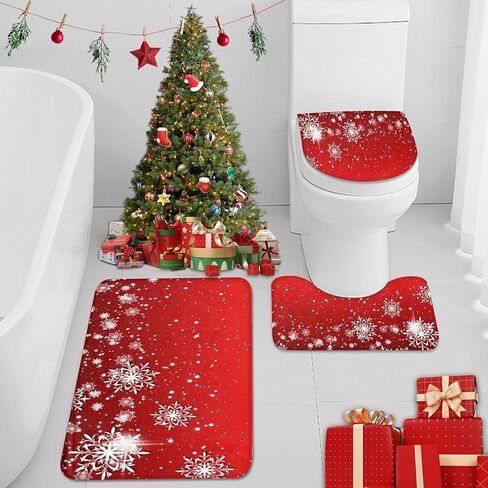 Britimes Merry Christmas Bathroom Rug and Mat Set 3 Piece, Red Snowflakes Deer Winter Snow Bathroom Rugs Non Slip, Absorbent Microfiber Memory Foam Bath Mat Machine Washable in Kuwait