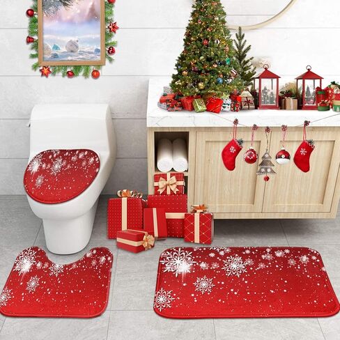 Britimes Merry Christmas Bathroom Rug and Mat Set 3 Piece, Red Snowflakes Deer Winter Snow Bathroom Rugs Non Slip, Absorbent Microfiber Memory Foam Bath Mat Machine Washable in Kuwait