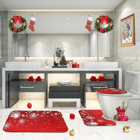 Britimes Merry Christmas Bathroom Rug and Mat Set 3 Piece, Red Snowflakes Deer Winter Snow Bathroom Rugs Non Slip, Absorbent Microfiber Memory Foam Bath Mat Machine Washable in Kuwait
