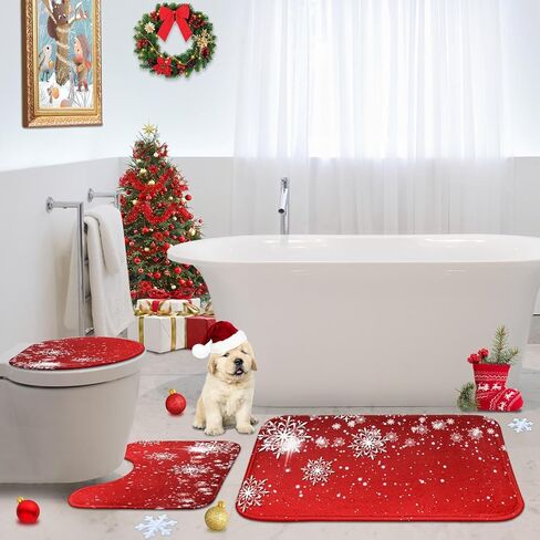 Britimes Merry Christmas Bathroom Rug and Mat Set 3 Piece, Red Snowflakes Deer Winter Snow Bathroom Rugs Non Slip, Absorbent Microfiber Memory Foam Bath Mat Machine Washable in Kuwait
