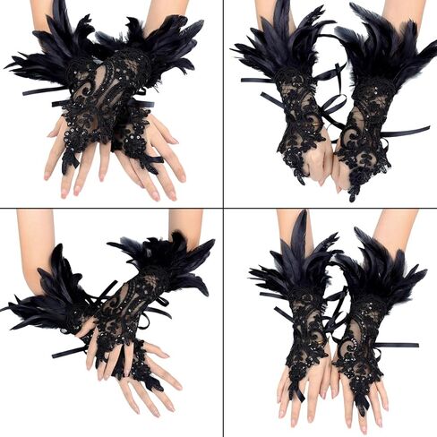 قفازات الدانتيل الأسود غلاف معصم ، ريشة أزياء اليد اليدوية الدانتيل الدانتيل مرنة هوك القفازات إصبع الهالوين ، حفل زفاف ، حفل الشاي ، تنكر ، ملهى ليلي ، الكفة اليومية زخرفة يا فتيات in Kuwait