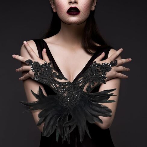 قفازات الدانتيل الأسود غلاف معصم ، ريشة أزياء اليد اليدوية الدانتيل الدانتيل مرنة هوك القفازات إصبع الهالوين ، حفل زفاف ، حفل الشاي ، تنكر ، ملهى ليلي ، الكفة اليومية زخرفة يا فتيات in Kuwait