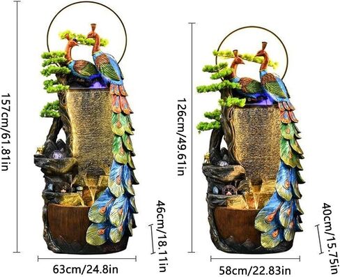 Decor Peacock Entrance Ornament, Large Fountain for Living Room, Resin Indoor Fountain with LED Lights, Suitable for Living Room, Entrance, Balcony, Courtyard for Entryway(58 * 40 * 126cm) in Saudi Arabia