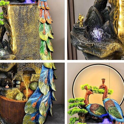 Decor Peacock Entrance Ornament, Large Fountain for Living Room, Resin Indoor Fountain with LED Lights, Suitable for Living Room, Entrance, Balcony, Courtyard for Entryway(58 * 40 * 126cm) in Saudi Arabia