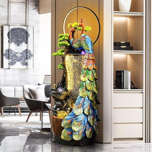 Decor Peacock Entrance Ornament, Large Fountain for Living Room, Resin Indoor Fountain with LED Lights, Suitable for Living Room, Entrance, Balcony, Courtyard for Entryway(58 * 40 * 126cm) in Saudi Arabia