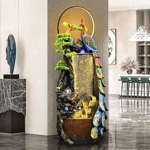 Decor Peacock Entrance Ornament, Large Fountain for Living Room, Resin Indoor Fountain with LED Lights, Suitable for Living Room, Entrance, Balcony, Courtyard for Entryway(58 * 40 * 126cm) in Saudi Arabia