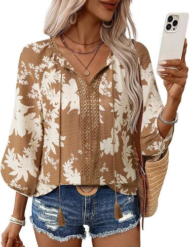 Gaharu Women's 3/4 Sleeve Boho Tops Casual V Neck Floral Print Lourd Fit Fit Tunic in Kuwait
