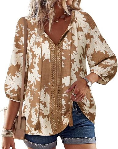 Gaharu Women's 3/4 Sleeve Boho Tops Casual V Neck Floral Print Lourd Fit Fit Tunic in Kuwait