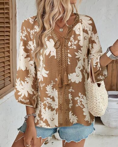 Gaharu Women's 3/4 Sleeve Boho Tops Casual V Neck Floral Print Lourd Fit Fit Tunic in Kuwait