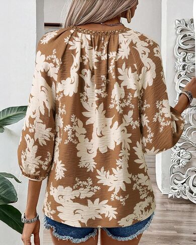 Gaharu Women's 3/4 Sleeve Boho Tops Casual V Neck Floral Print Lourd Fit Fit Tunic in Kuwait