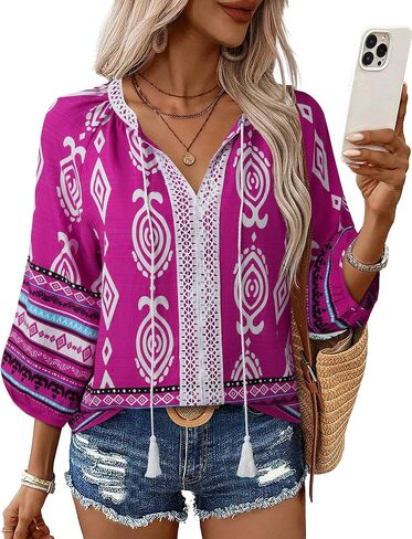 Gaharu Women's 3/4 Sleeve Boho Tops Casual V Neck Floral Print Lourd Fit Fit Tunic in Kuwait