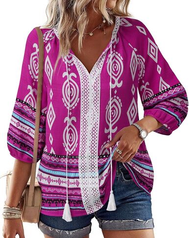 Gaharu Women's 3/4 Sleeve Boho Tops Casual V Neck Floral Print Lourd Fit Fit Tunic in Kuwait
