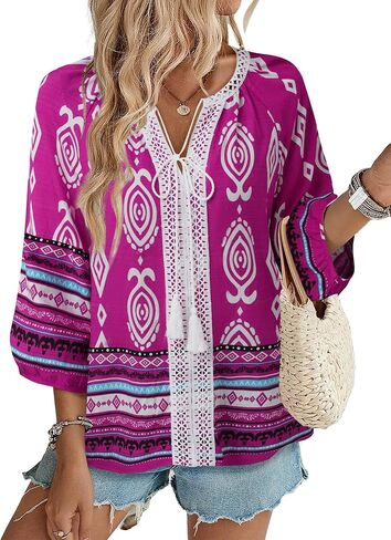 Gaharu Women's 3/4 Sleeve Boho Tops Casual V Neck Floral Print Lourd Fit Fit Tunic in Kuwait