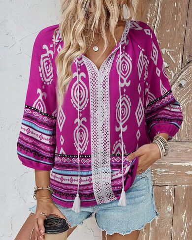 Gaharu Women's 3/4 Sleeve Boho Tops Casual V Neck Floral Print Lourd Fit Fit Tunic in Kuwait