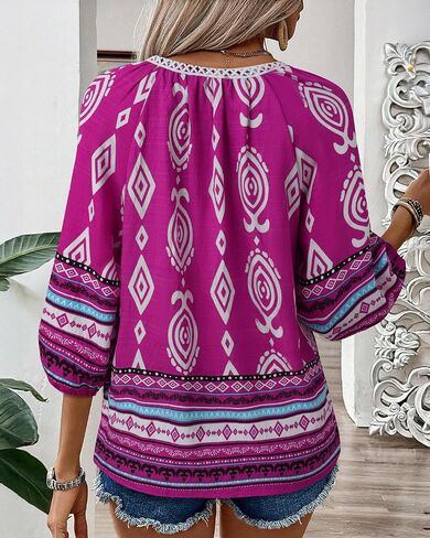 Gaharu Women's 3/4 Sleeve Boho Tops Casual V Neck Floral Print Lourd Fit Fit Tunic in Kuwait