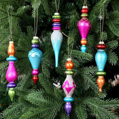 6 Pcs Large 7.1inch Christmas Finials Glass Vintage Ornament Glass Finial Christmas Ornaments Hanging Christmas Finials Ornaments for Holiday Christmas Tree Decoration in Saudi Arabia