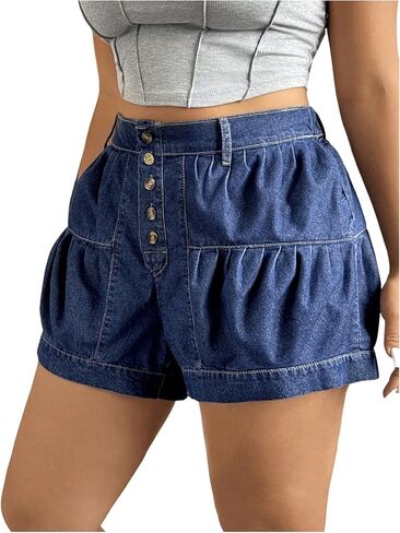 SHENHE Women's Plus Size Summer High Waist Jean Shorts Button Fly Denim Balloon Shorts Jorts in Saudi Arabia