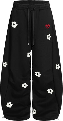 Aelfric Eden Baggy Wide Leg Sweatpants Flower Embroidery Casual Y2K Elastic Drawstring Lantern Barrel Lounge Trouser Pants in Saudi Arabia