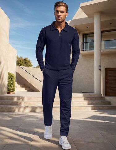 UOUA Mens 2 Piece Set Casual Outfits Polo Long Sleeve Shirt & Pants Tracksuit Loungewear Athletic Jogger Sweatsuit in Saudi Arabia