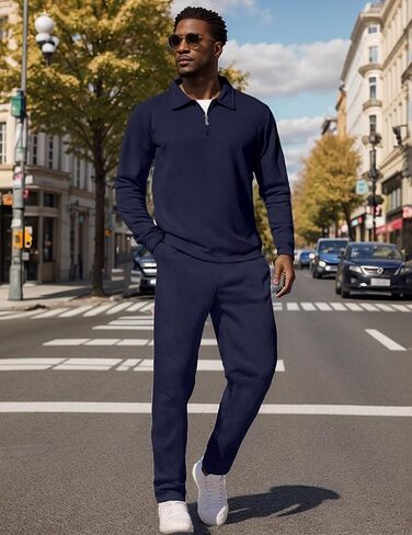 UOUA Mens 2 Piece Set Casual Outfits Polo Long Sleeve Shirt & Pants Tracksuit Loungewear Athletic Jogger Sweatsuit in Saudi Arabia