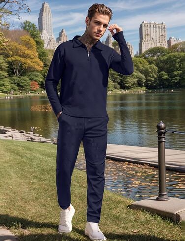 UOUA Mens 2 Piece Set Casual Outfits Polo Long Sleeve Shirt & Pants Tracksuit Loungewear Athletic Jogger Sweatsuit in Saudi Arabia