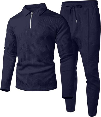 UOUA Mens 2 Piece Set Casual Outfits Polo Long Sleeve Shirt & Pants Tracksuit Loungewear Athletic Jogger Sweatsuit in Saudi Arabia