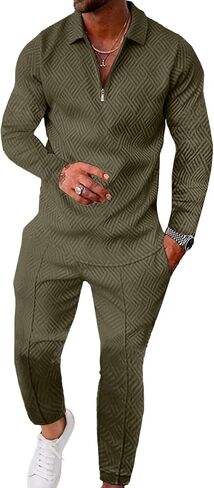 UOUA Mens 2 Piece Set Casual Outfits Polo Long Sleeve Shirt & Pants Tracksuit Loungewear Athletic Jogger Sweatsuit in Saudi Arabia