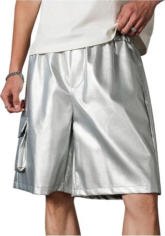 Men's PU Leather Cargo Shorts Y2k Punk Wide Leg Baggy Streetwear Shorts with Pockets in Saudi Arabia