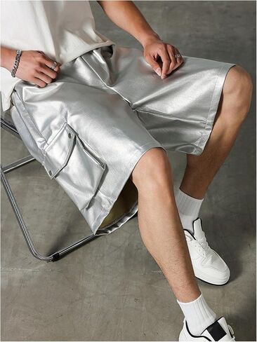 Men's PU Leather Cargo Shorts Y2k Punk Wide Leg Baggy Streetwear Shorts with Pockets in Saudi Arabia