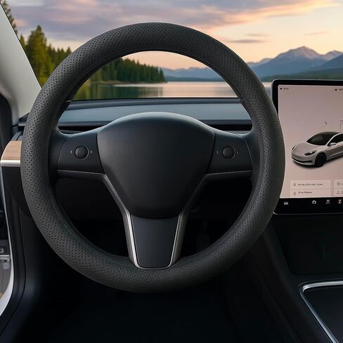 Premium Vegan Leather Steering Wheel Cover for Tesla Model 3/Y (2016–2026) – Fits Juniper & Highland – Non-Slip, Breathable, Black – Tesla Interior Upgrade in Saudi Arabia