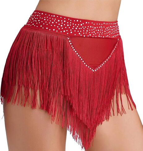 Womens Shiny Rhinestone Tassel Fringe Dance Skirt Ballroom Latin Salsa Tango Samba Rumba Dancing Performance Costume for Dance and Performance(Burgundy,L) in Saudi Arabia