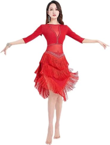 Rhinestone Latin Dance Dress Mesh Splicing Latin Outfit Women Sequin Tassel Ballroom Tango Salsa Competition Clothing for Dance and Performance(Red,M) in Saudi Arabia