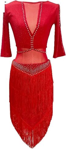 Rhinestone Latin Dance Dress Mesh Splicing Latin Outfit Women Sequin Tassel Ballroom Tango Salsa Competition Clothing for Dance and Performance(Red,M) in Saudi Arabia
