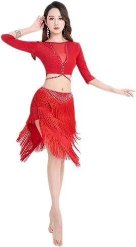 Rhinestone Latin Dance Dress Mesh Splicing Latin Outfit Women Sequin Tassel Ballroom Tango Salsa Competition Clothing for Dance and Performance(Red,M) in Saudi Arabia