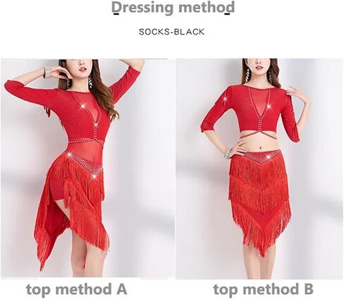 Rhinestone Latin Dance Dress Mesh Splicing Latin Outfit Women Sequin Tassel Ballroom Tango Salsa Competition Clothing for Dance and Performance(Red,M) in Saudi Arabia
