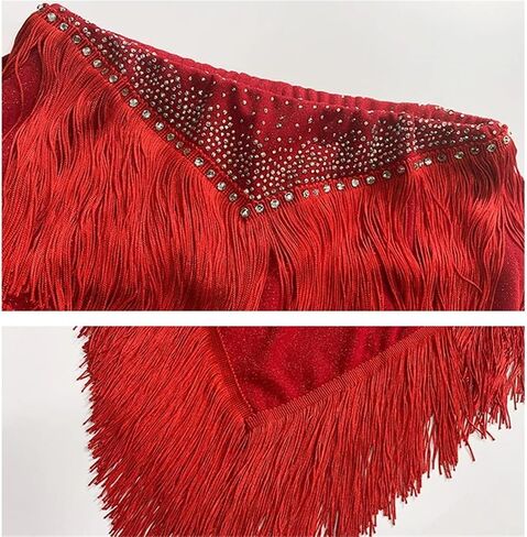 Rhinestone Latin Dance Dress Mesh Splicing Latin Outfit Women Sequin Tassel Ballroom Tango Salsa Competition Clothing for Dance and Performance(Red,M) in Saudi Arabia