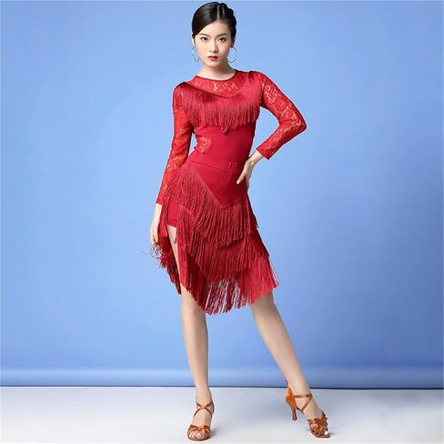 Women Dance Clothes Salsa Samba Wear Long Sleeves 2 Pieces Fringes Latin Dresses Top and Short Skirt for Dance and Performance(Red Design 2,M) in Saudi Arabia