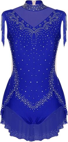 Women's Latin Dance Bodysuits Tango Tassel Skirted Bodysuit Dancewear Rhinestone Fringed Leotard Samba Dancing Costume For Dance and Performance(Blue,L) in Saudi Arabia