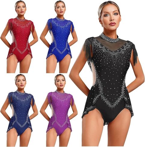 Women's Latin Dance Bodysuits Tango Tassel Skirted Bodysuit Dancewear Rhinestone Fringed Leotard Samba Dancing Costume For Dance and Performance(Blue,L) in Saudi Arabia